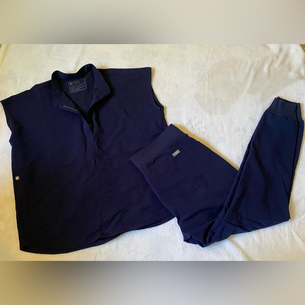 Figs Navy Zamora joggers and Rafaela top scrub set